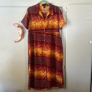 Vintage Rangoli short sleeve button down maxi dress with tie back